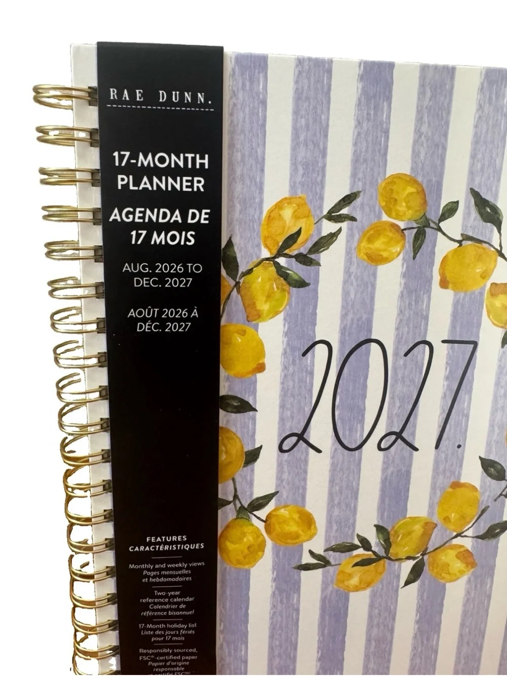 Rae Dunn 2027 PLANNER Hard Cover Spiral 17 months Planner Wheath Lemon  10x8”